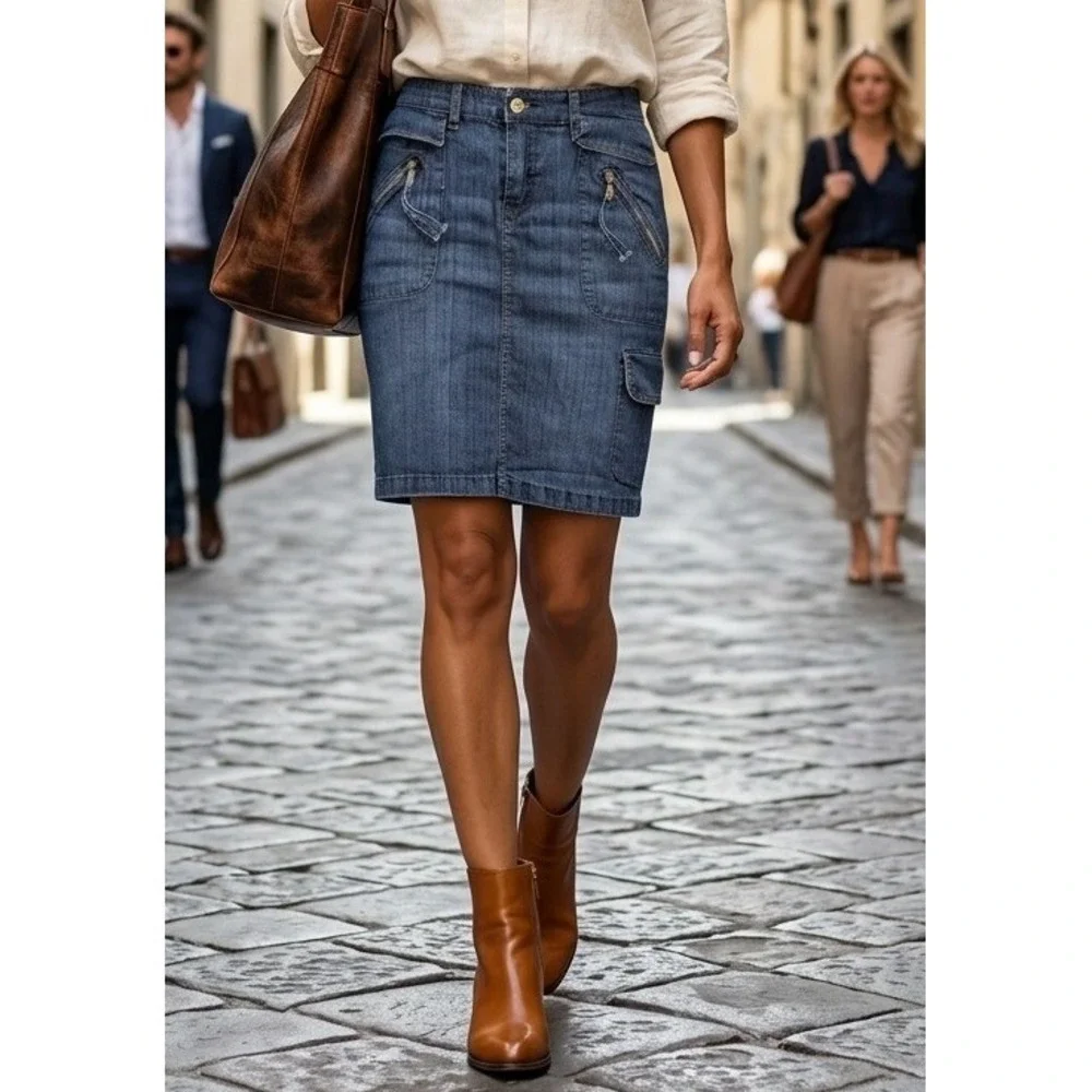 Gazoz‎ Jeans Denim Cargo Skirt Dark Wash Pockets Utility Size 11/12 Blue Stretch